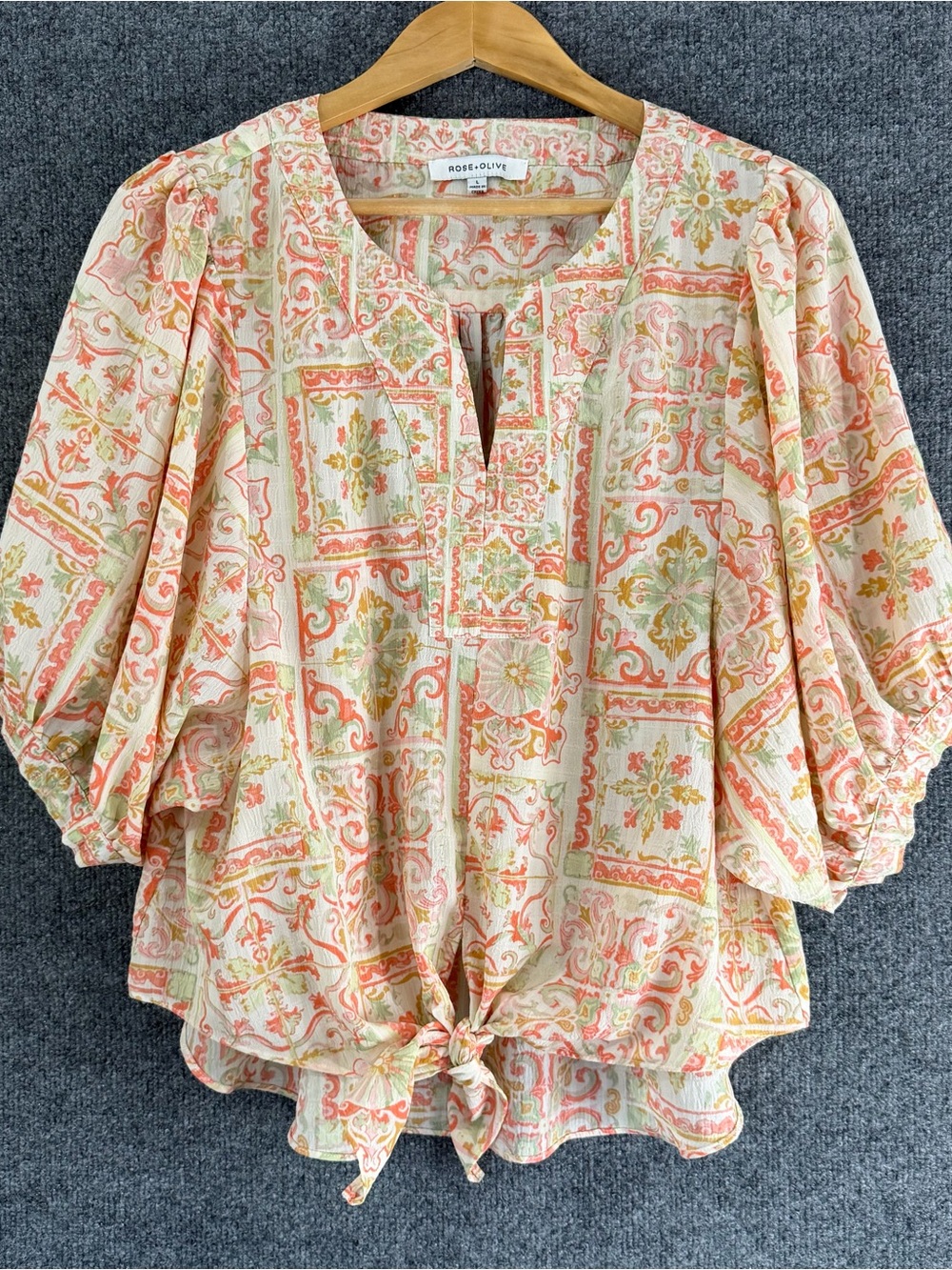 Rose + Olive Womens Floral Tie Front Top Size Large Coral Green Vacation Casual